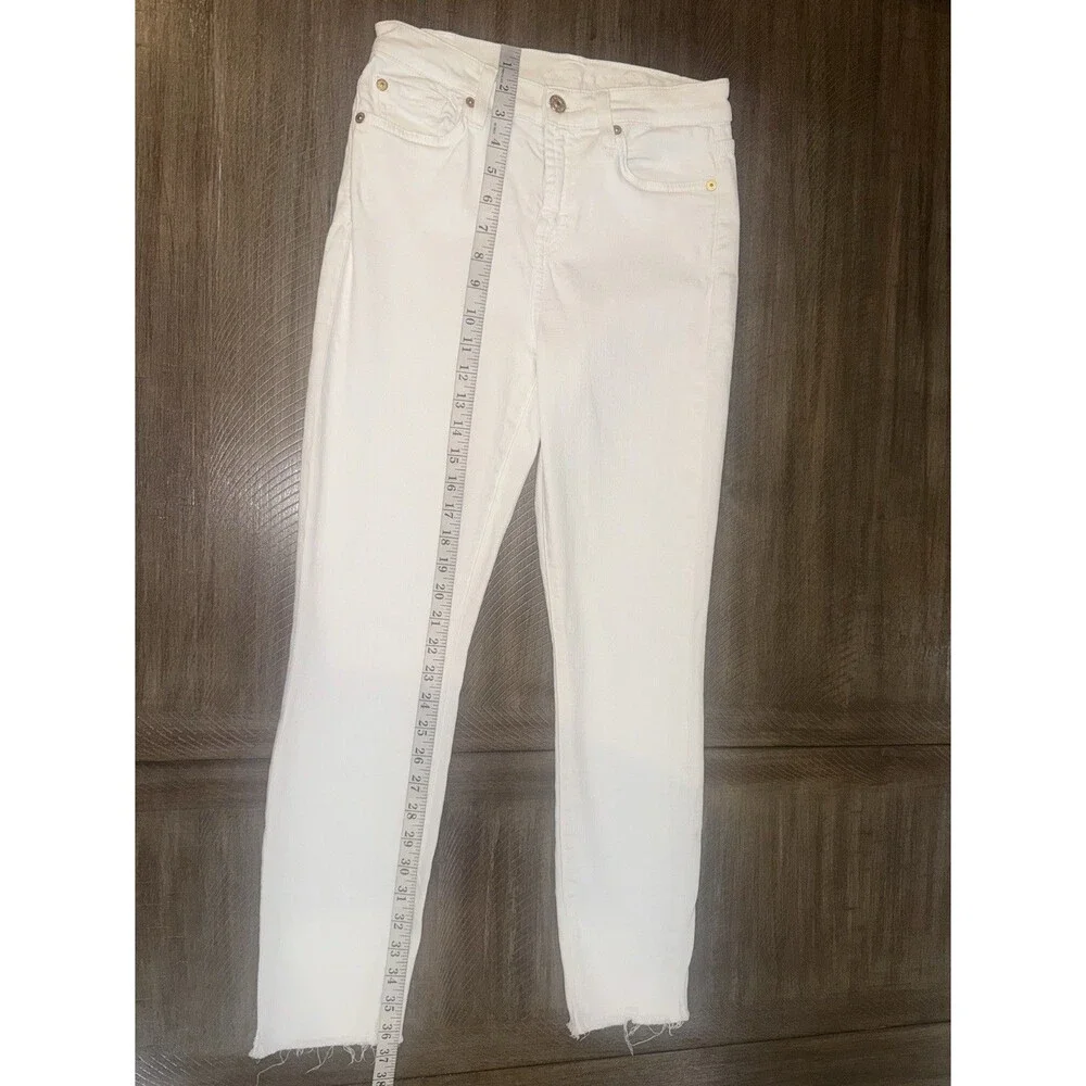 7 Seven For All Mankind High Waist Ankle Skinny Jeans Stretch Raw Hem White 26